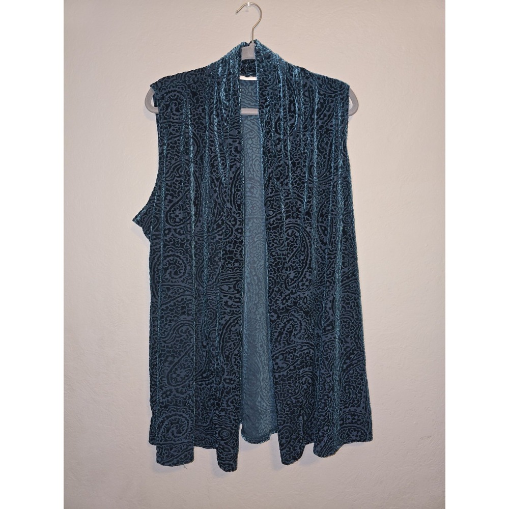 Susan Graver Open Front Tunic Vest Teal Velvet Burnout Artsy Paisley Sz 1X